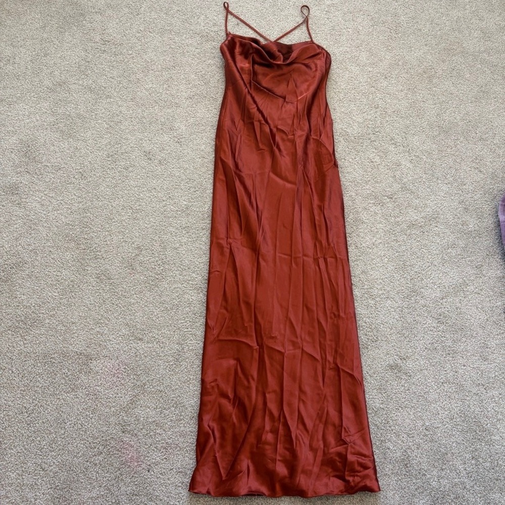 Galina Signature Cinnamon Satin Cowl Neck Maxi Dress Formal Gown Floor Length